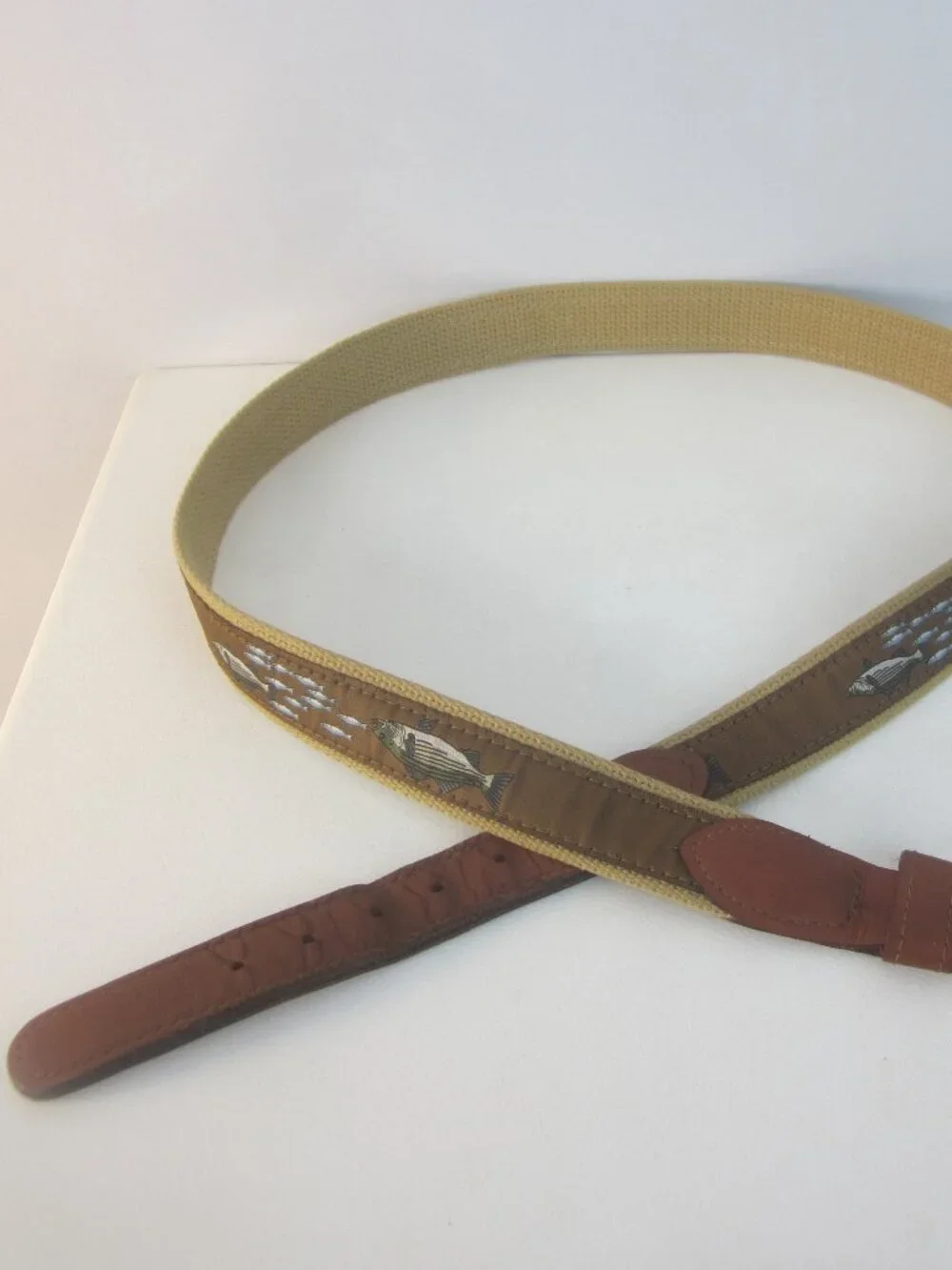 Web Canvas Brown Leather Fishing Belt Men 42 Brass Buckle Fish Theme 40 - 44
